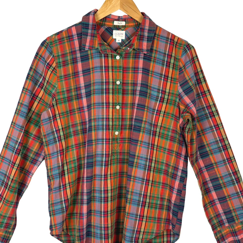 J Crew Boy Fit Women Long Sleeve Plaid Popover Shirt M Preppy Fall Lumberjack